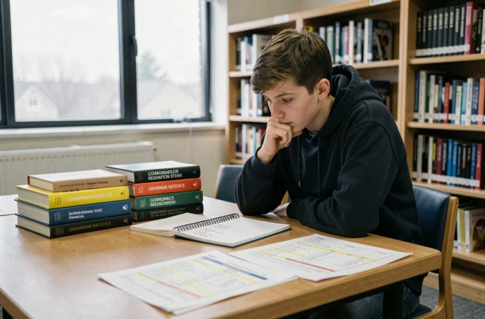 Adolescent révisant les classes grammaticales dans une bibliothèque entouré de livres et de fiches PDF annotées