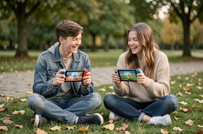 Deux adolescents assis dans un parc en automne, comparant leurs écrans de Nintendo Switch affichant des Pokémon dont les noms commencent par T, souriant et partageant leur passion