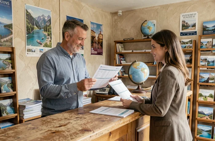 Un client et une conseillère dans une agence de voyage indépendante examinent ensemble un itinéraire personnalisé