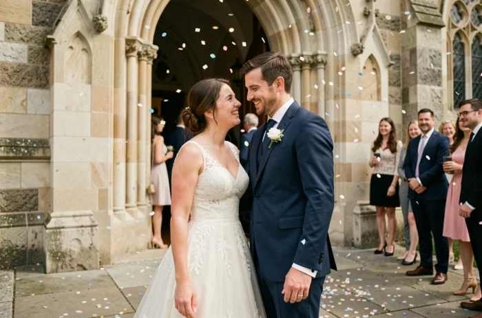 Mariés devant une église en pierre le jour de leur mariage, la mariée en robe de dentelle ivoire et le marié en costume bleu marine