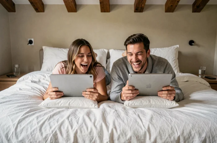 Deux amis regardant ensemble un film en streaming sur une tablette allongés sur un lit avec une ambiance détendue