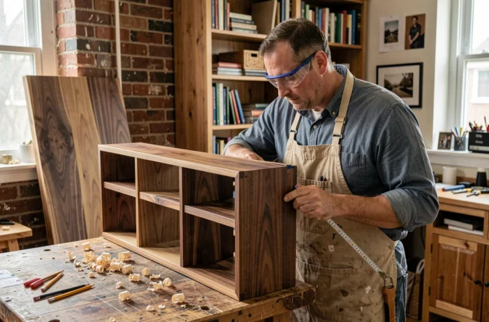 Artisan menuisier mesurant des panneaux en noyer pour un meuble TV bibliothèque fait sur mesure