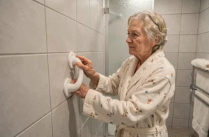 Femme âgée utilisant une barre d'appui à ventouse dans une salle de bain moderne pour se stabiliser près de la douche