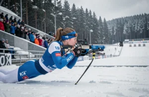 Biathlète féminine en position de tir couché lors d'une compétition internationale de biathlon en plein air sous la neige