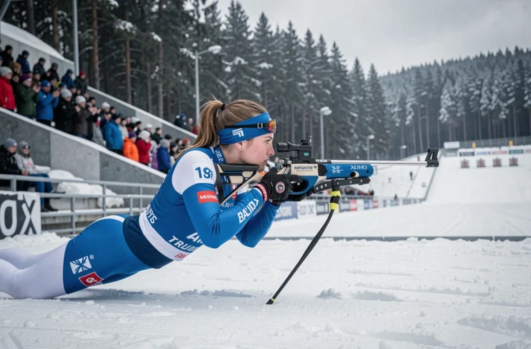 Biathlète féminine en position de tir couché lors d'une compétition internationale de biathlon en plein air sous la neige