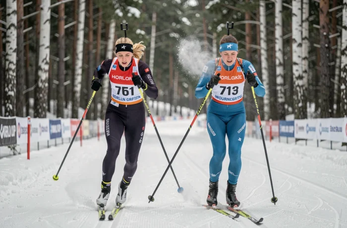 Deux biathlètes féminines en plein effort sur le parcours de ski de fond lors d'une manche de Coupe du Monde