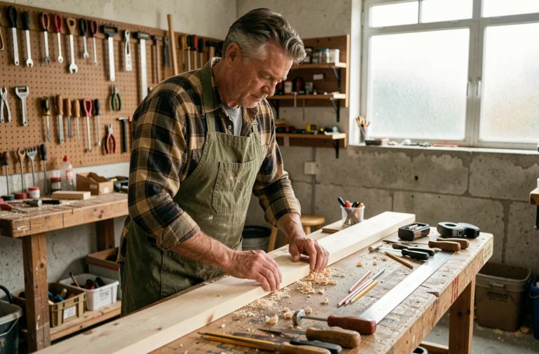 Homme bricoleur mesurant une planche en bois dans un atelier garage bien organisé avec des outils artisanaux