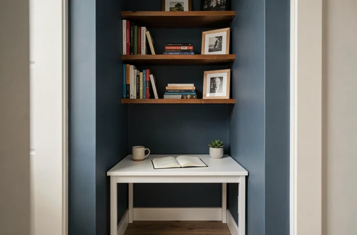 Bureau à domicile aménagé dans une alcôve avec mur bleu profond, étagères en bois et ambiance cosy et organisée