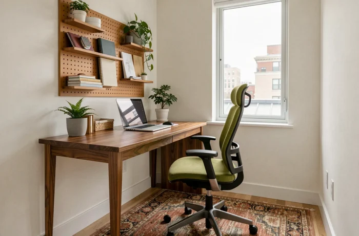 Bureau à domicile tendance avec bureau en noyer, chaise ergonomique verte et organisation murale créative, idées aménagement espace travail maison