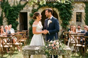 Couple de mariés riant lors d'une cérémonie en plein air dans un domaine rustique français avec décoration florale naturelle