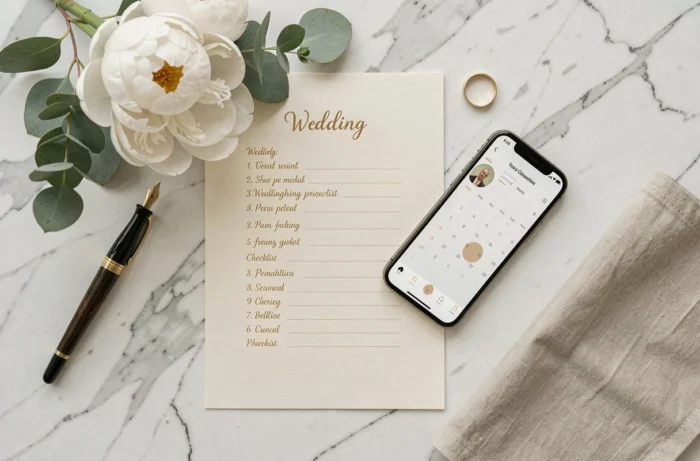 Flat lay élégant d'une checklist de mariage rapide avec stylo plume, fleurs et alliance sur marbre blanc