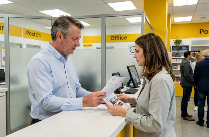 Client présentant un relevé bancaire à un conseiller de La Banque Postale pour signaler un virement débit non identifié