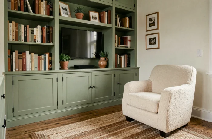 Coin lecture avec bibliothèque intégrée et meuble TV en vert sauge avec fauteuil en bouclé et tapis en laine