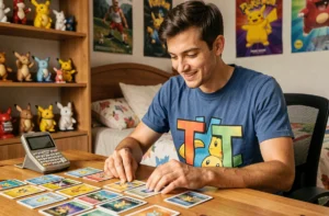 Jeune homme passionné triant des cartes Pokémon sur un bureau en bois, portant un t-shirt Pokémon, entouré de figurines et posters dans sa chambre de collectionneur