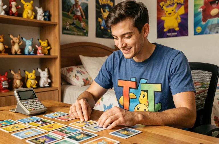 Jeune homme passionné triant des cartes Pokémon sur un bureau en bois, portant un t-shirt Pokémon, entouré de figurines et posters dans sa chambre de collectionneur