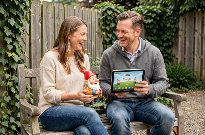 Couple riant en comparant un nain de jardin et un jeu Google Doodle sur tablette dans un jardin