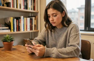 Jeune femme consultant des stories Instagram anonymement sur son smartphone depuis un bureau à domicile