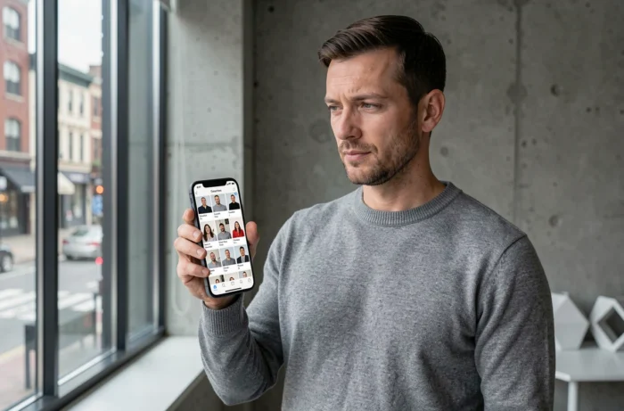 Homme consultant la galerie de photos de photobooth sur son smartphone dans un appartement moderne