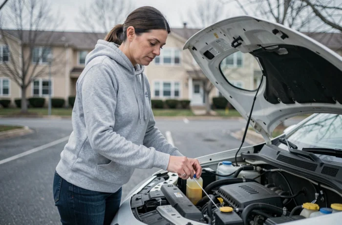 Femme en tenue décontractée vérifiant le niveau d'huile moteur d'une voiture compacte blanche dans un parking résidentiel