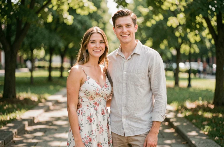 Couple avant mariage en tenue décontractée dans un parc urbain, souriant naturellement dans une atmosphère détendue et authentique