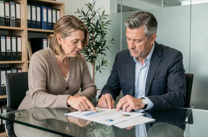 Un couple consultant un conseiller financier pour choisir entre un PEL classique et un pel quadreto en 2026
