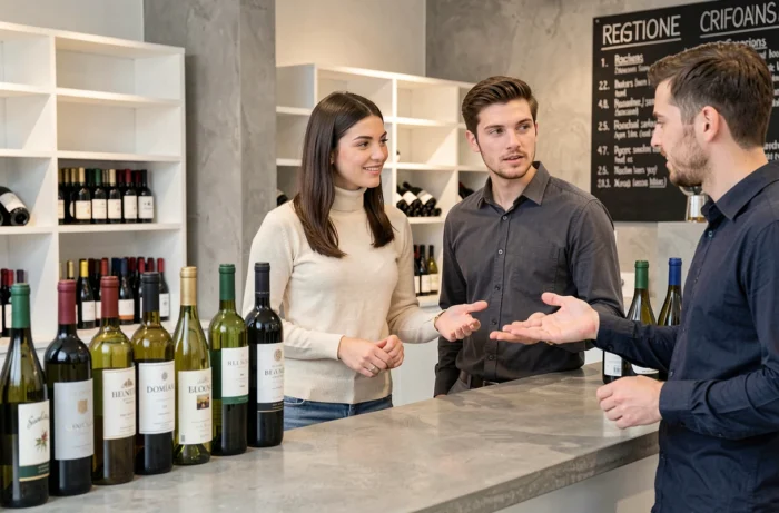 Couple recevant les conseils d'un sommelier pour choisir des bouteilles de vin dans une cave moderne