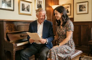 Couple avec grand écart d'âge partageant un moment complice au piano dans un intérieur de style Hollywood vintage