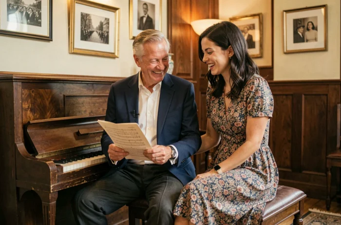 Couple avec grand écart d'âge partageant un moment complice au piano dans un intérieur de style Hollywood vintage