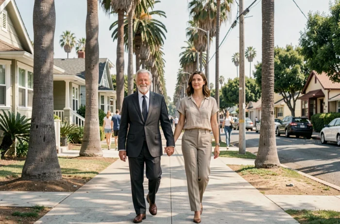 Couple avec écart d'âge significatif se promenant sur un trottoir résidentiel de Los Angeles bordé de palmiers
