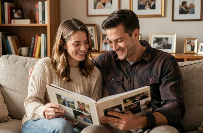 Couple marié feuilletant un album photo à la maison dans une atmosphère chaleureuse et intime, rappelant leur évolution avant et après mariage