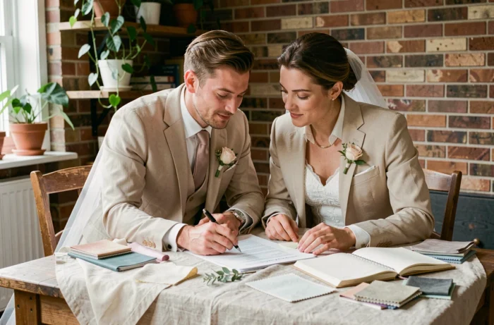 Couple de mariés planifiant leur mariage rapide autour d'une table avec carnet et échantillons de tissu dans un intérieur chaleureux