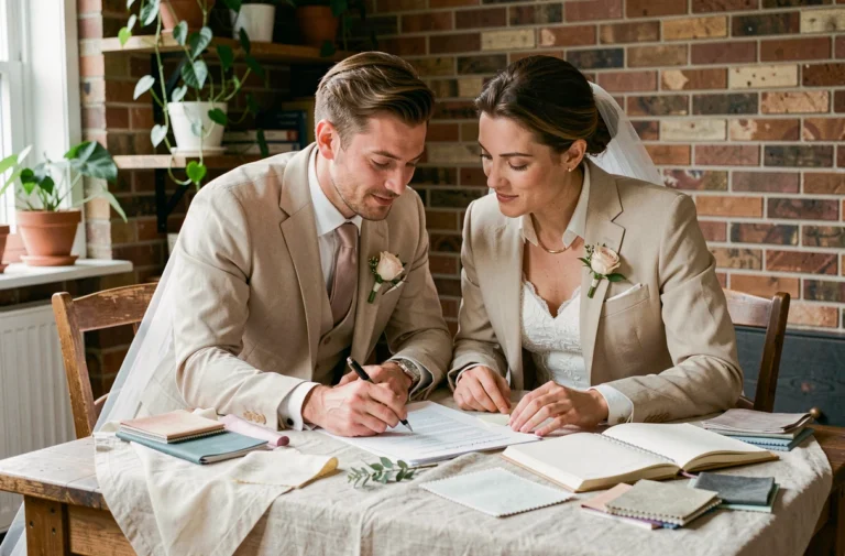 Couple de mariés planifiant leur mariage rapide autour d'une table avec carnet et échantillons de tissu dans un intérieur chaleureux
