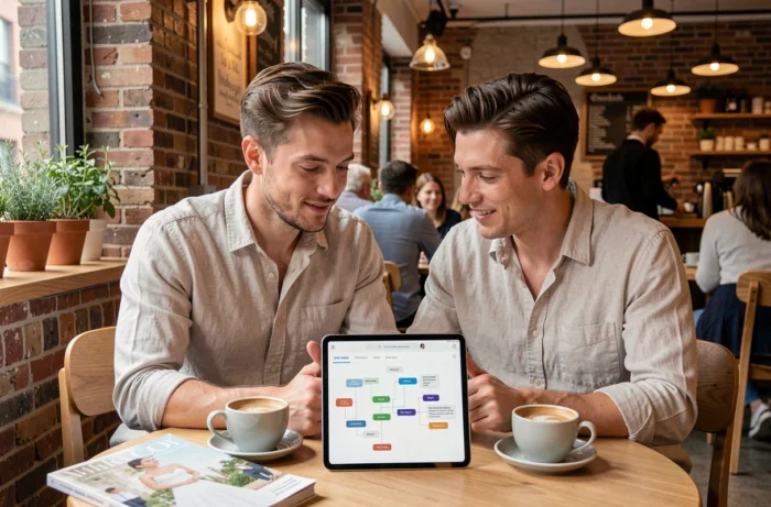Couple consultant un site de planification de mariage avec sitemap sur une tablette dans un café moderne