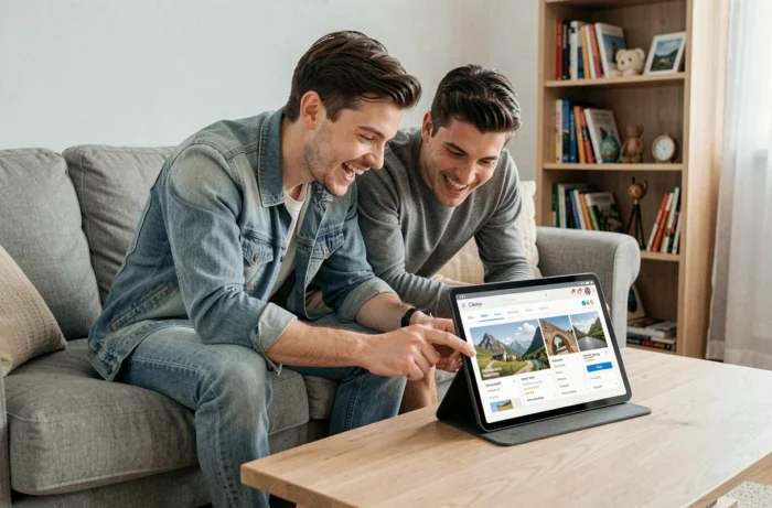 Couple planifiant un voyage alternatif ensemble sur une tablette numérique dans un salon moderne et épuré