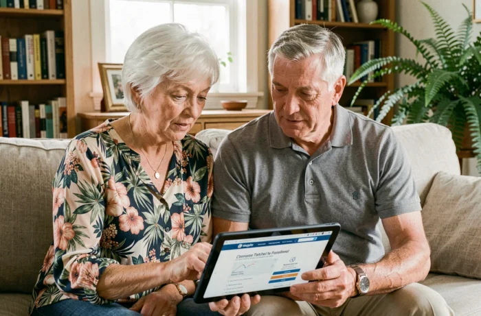 Couple retraité comparant des mutuelles santé sur une tablette numérique