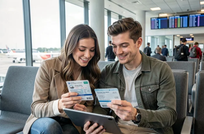 Couple vérifiant leurs documents de voyage et visas dans un terminal d'aéroport avant le départ