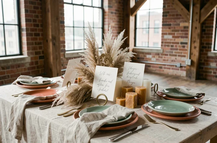 Table de mariage bohème et originale avec vaisselle dépareillée, herbes de pampa séchées et bougies en cire d'abeille dans un loft industriel