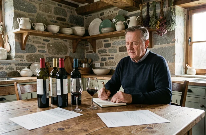 Homme dégustant et comparant plusieurs bouteilles de vin à une table en bois dans une cuisine en pierre