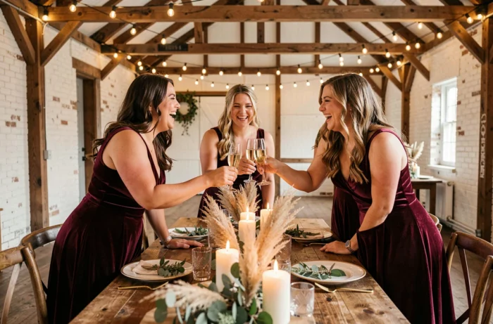 Trois demoiselles d'honneur en robes bordeaux portant un toast avec des coupes de champagne autour d'une table décorée dans une grange de mariage