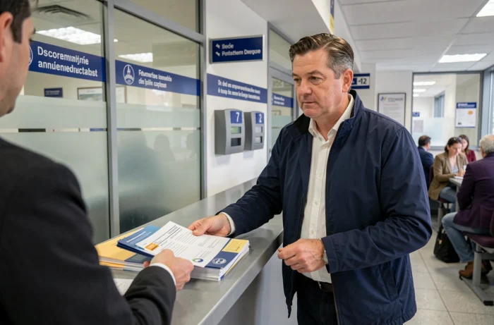 Homme déposant ses dossiers administratifs au guichet d'une préfecture pour préparer son voyage