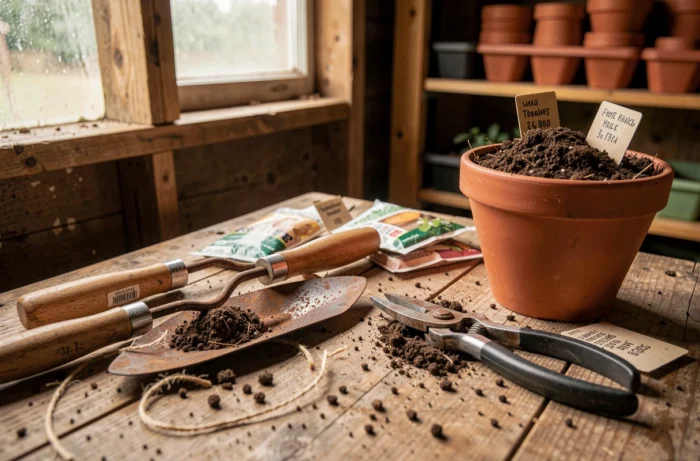 Détail d'une table de rempotage en bois avec des outils de jardinage, des graines et un pot en terre cuite rempli de compost dans un cabanon rustique