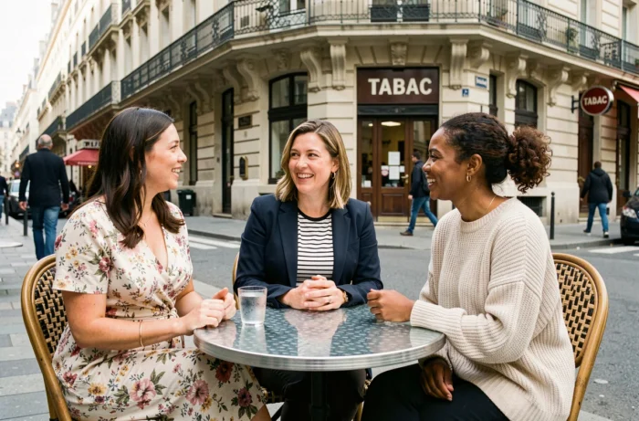Groupe de femmes aux morphologies diverses discutant en terrasse de café à Paris, représentation de la diversité des critères de beauté