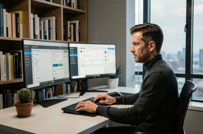 Entrepreneur masculin travaillant sur des outils de référencement et de campagnes email pour booster son marketing digital depuis son bureau à domicile