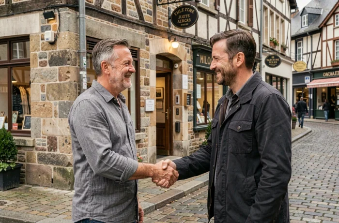 Deux entrepreneurs se serrant la main devant une rue commerçante du centre historique de Rennes