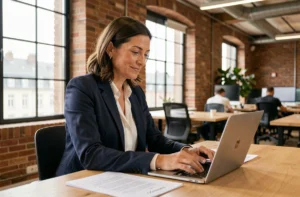 Entrepreneuse à Rennes travaillant dans un espace de coworking moderne avec vue sur la ville