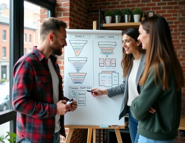 Équipe marketing collaborant sur une stratégie de marketing digital devant un tableau blanc dans un espace de coworking