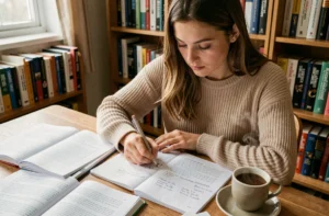 Jeune femme étudiant les classes grammaticales avec des exercices corrigés imprimés sur une table en bois