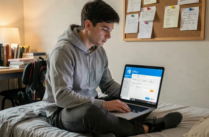 Étudiant installant Word et Excel gratuitement sur son ordinateur portable dans une chambre universitaire