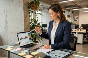 Femme d'affaires analysant des données de marketing digital sur un tableau de bord analytique dans un bureau moderne