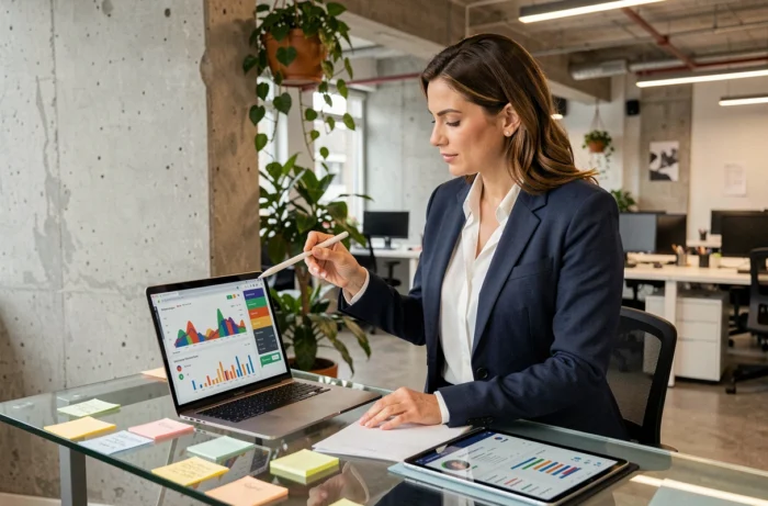 Femme d'affaires analysant des données de marketing digital sur un tableau de bord analytique dans un bureau moderne